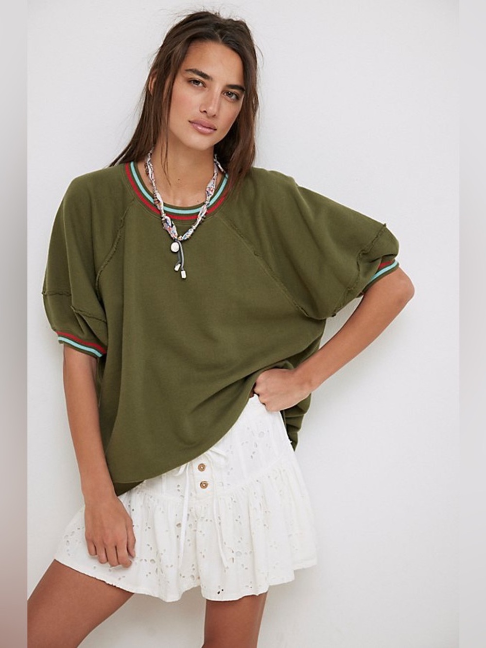 Free People We The Free It's Official Pullover Short Sleeve Sweatshirt Green